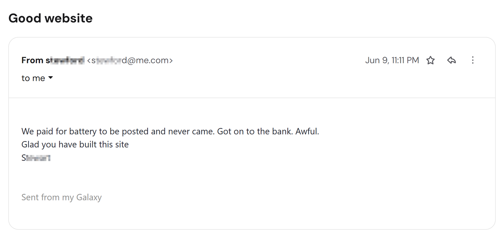 Email: customer paid Connor Paterson for a solar battery to be posted that never arrived, 9 June 2026