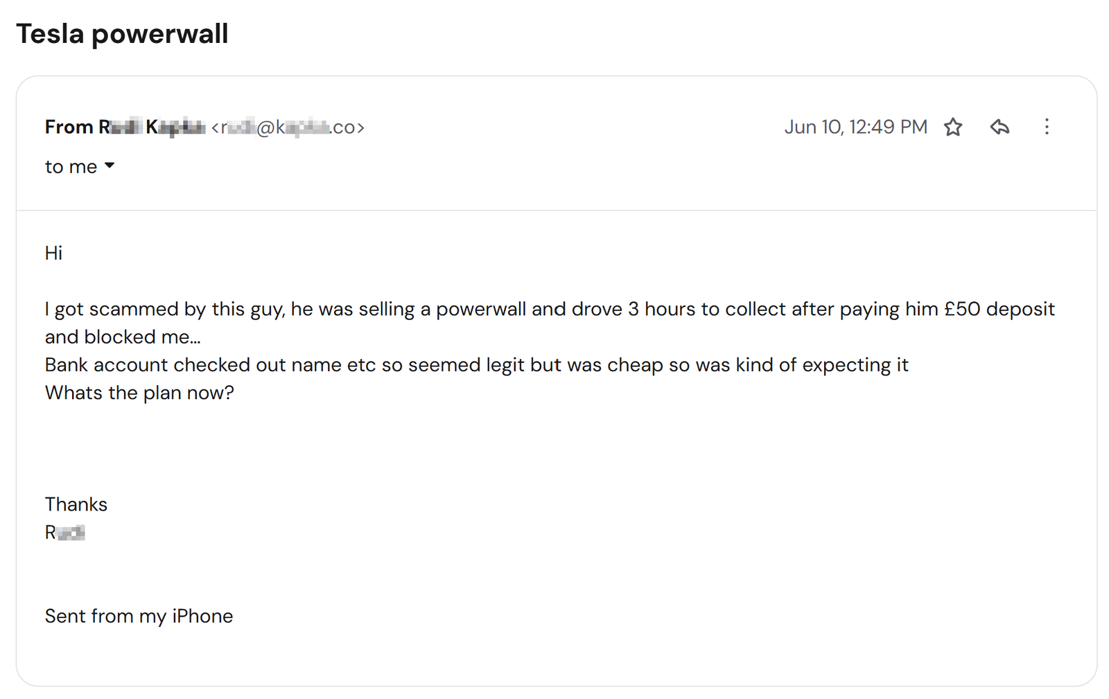 Email: buyer scammed out of a £50 deposit for a Tesla Powerwall by Connor Paterson, 10 June 2026
