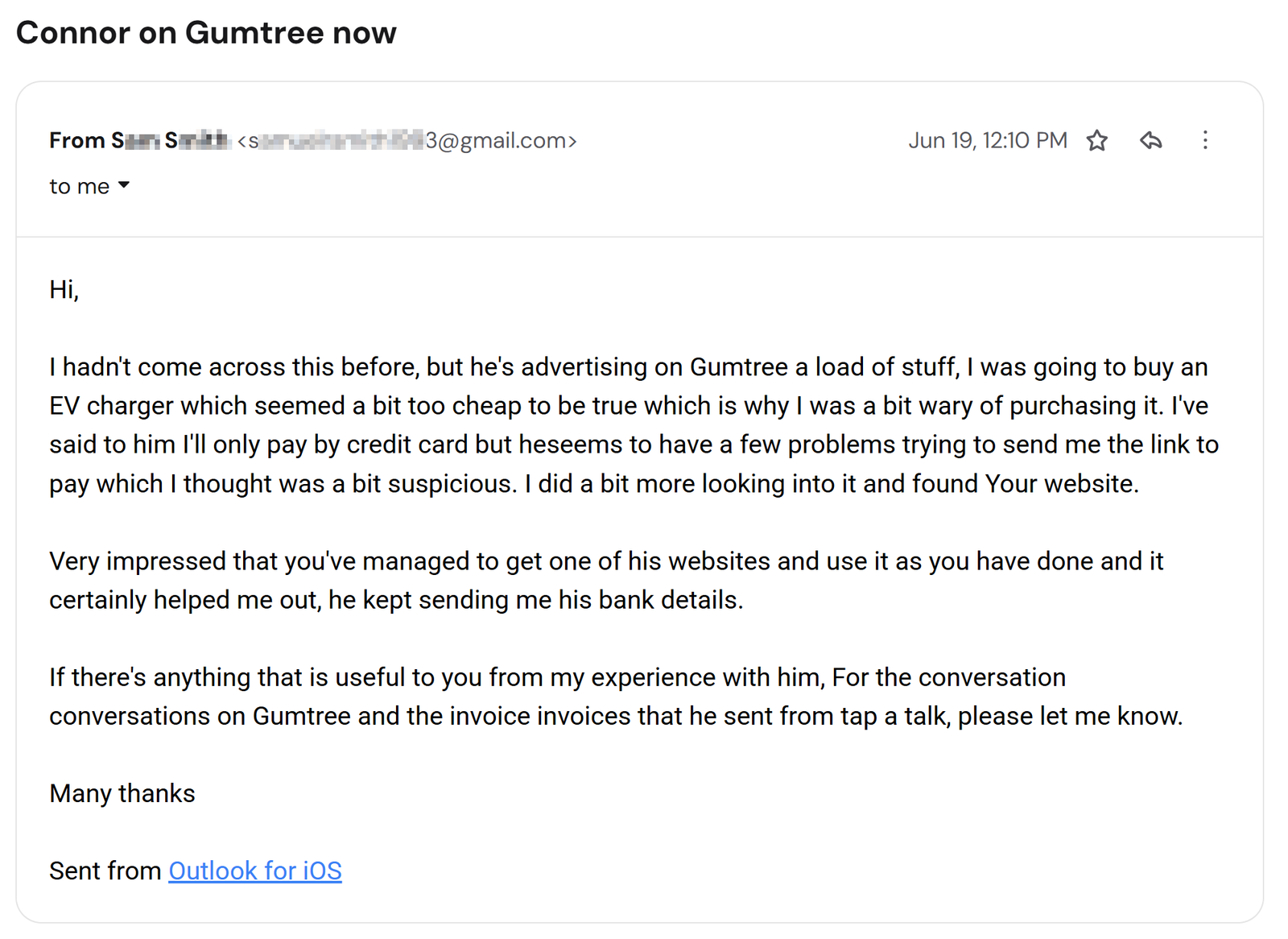 Email reporting Connor Paterson advertising a cheap EV charger on Gumtree with a suspicious payment link, 19 June 2026
