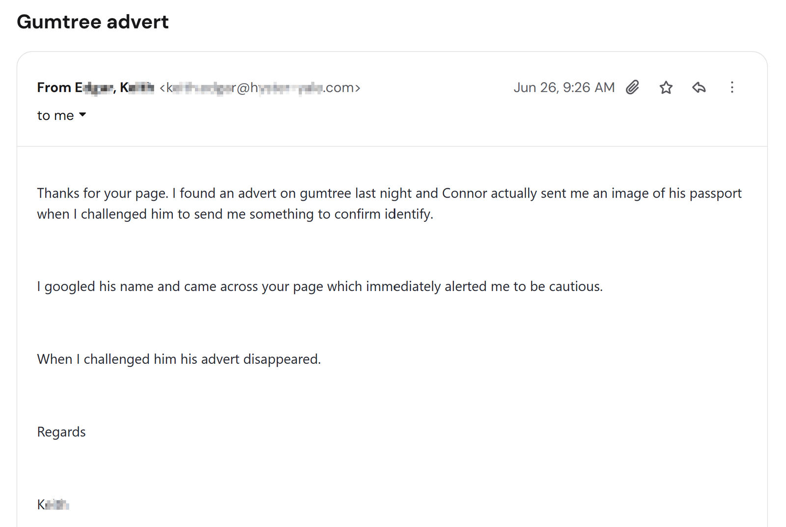 Email: Connor Paterson sent a passport image on a Gumtree advert then deleted the listing when challenged, 26 June 2026