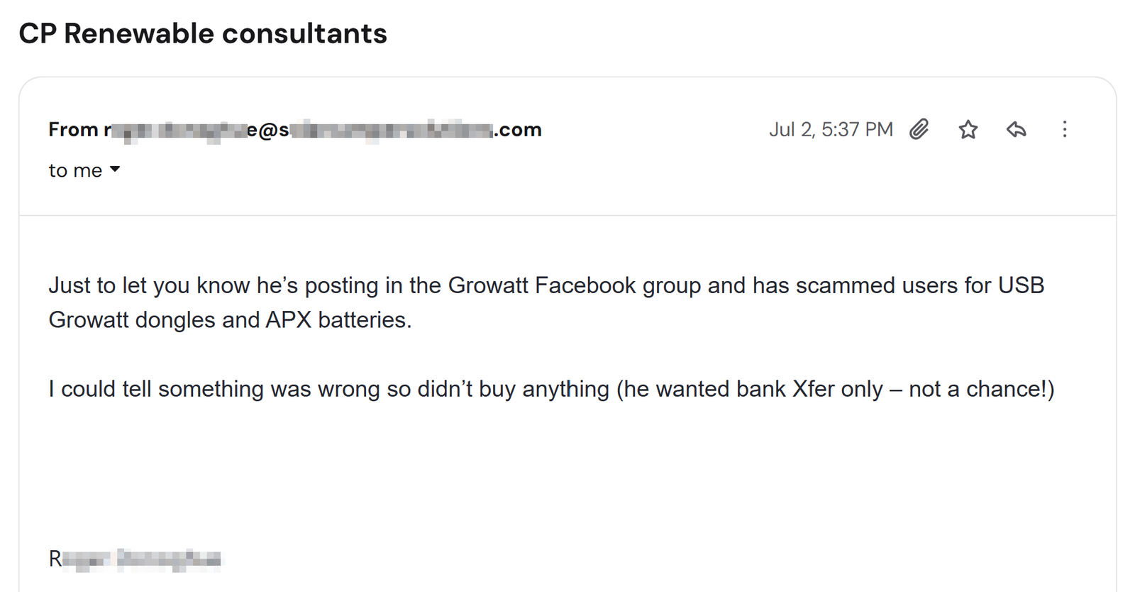 Email reporting Connor Paterson scamming Growatt Facebook group members for USB dongles and APX batteries, 2 July 2026