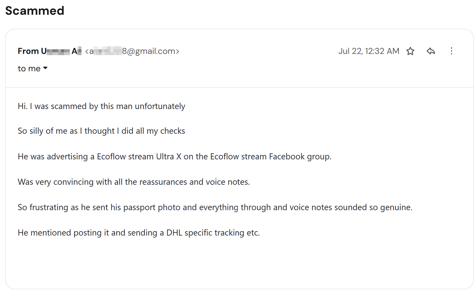 Email from a victim scammed after Connor advertised an EcoFlow Stream Ultra X on the EcoFlow Facebook group with passport photo and voice notes, 22 July 2026