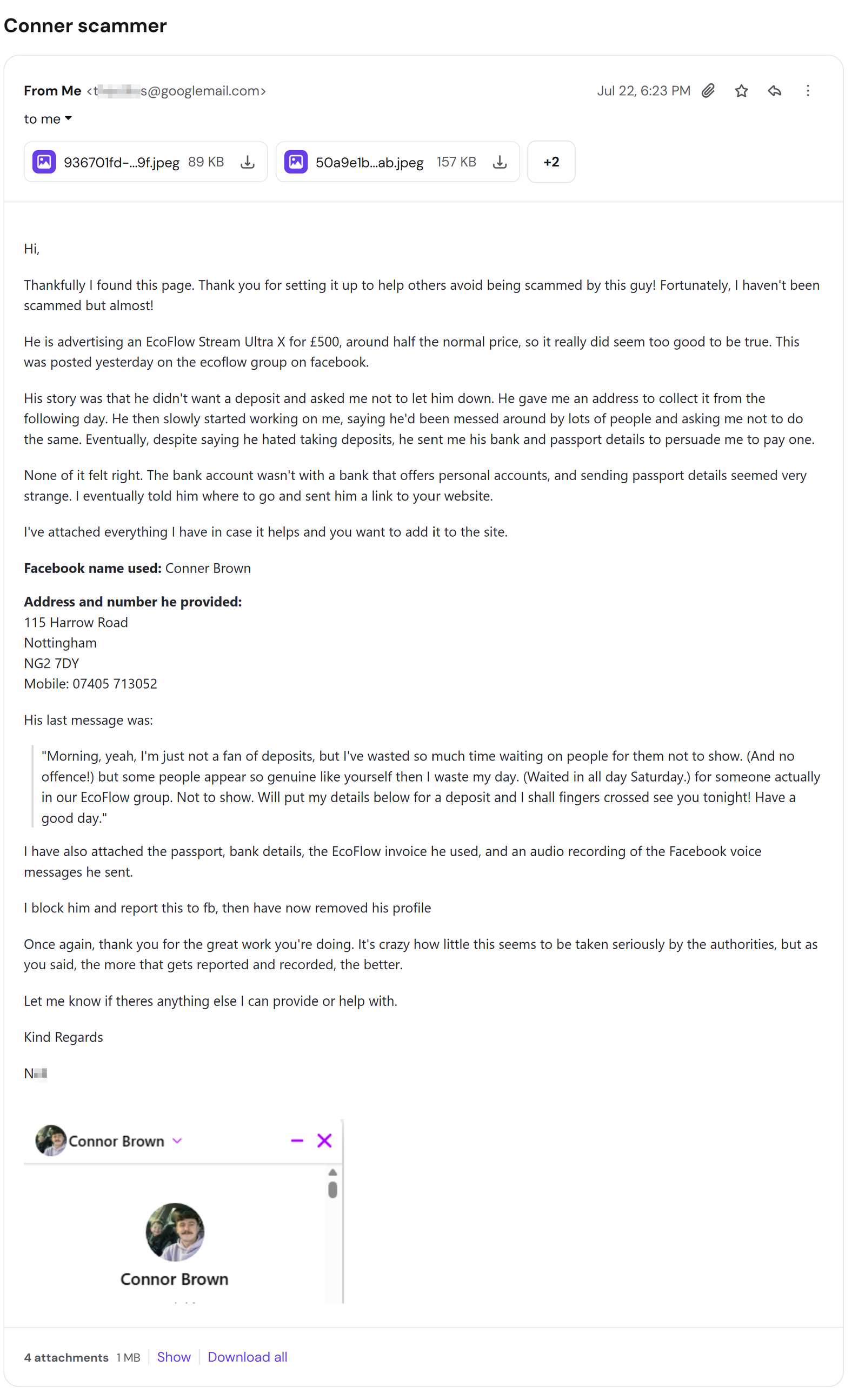 Detailed email from a near-victim: Connor Brown offered a half-price EcoFlow Stream Ultra X, sent passport and bank details, address 115 Harrow Road Nottingham, 22 July 2026