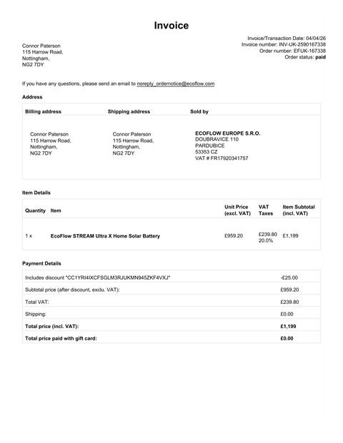 Fake EcoFlow invoice used by Connor Paterson, addressed to 115 Harrow Road Nottingham