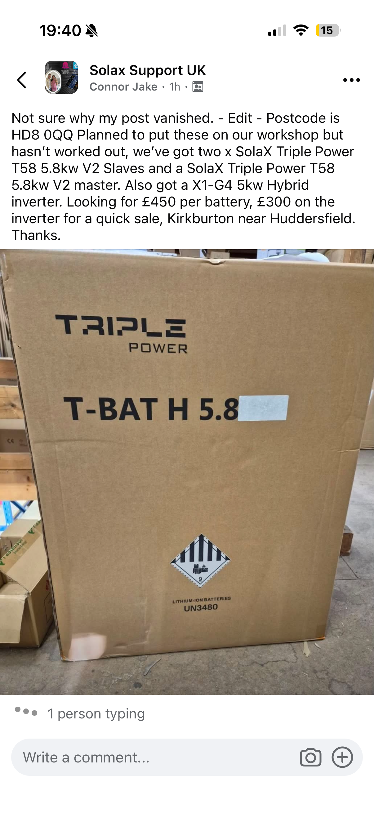 Facebook post by the 'Connor Jake' profile in the Solax Support UK group advertising SolaX Triple Power T58 5.8kW batteries and an X1-G4 hybrid inverter, Kirkburton near Huddersfield, HD8 0QQ